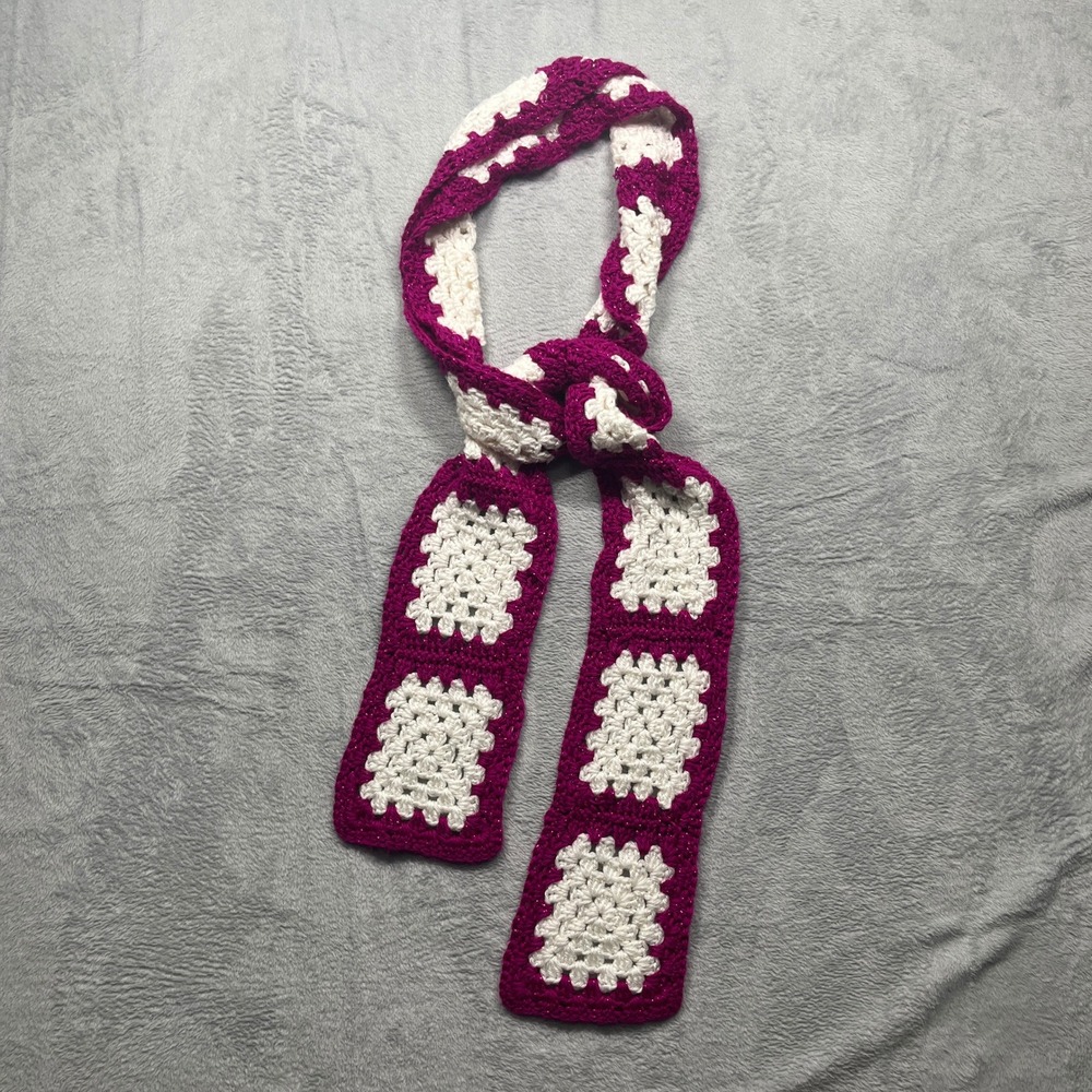Handmade Crochet Scarf Magenta White Granny Square Metallic Shimmer